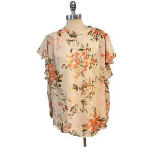 NWT Magaschoni Woman Floral Print Top With Flutter Sleeves Beige/Orange Size 3X